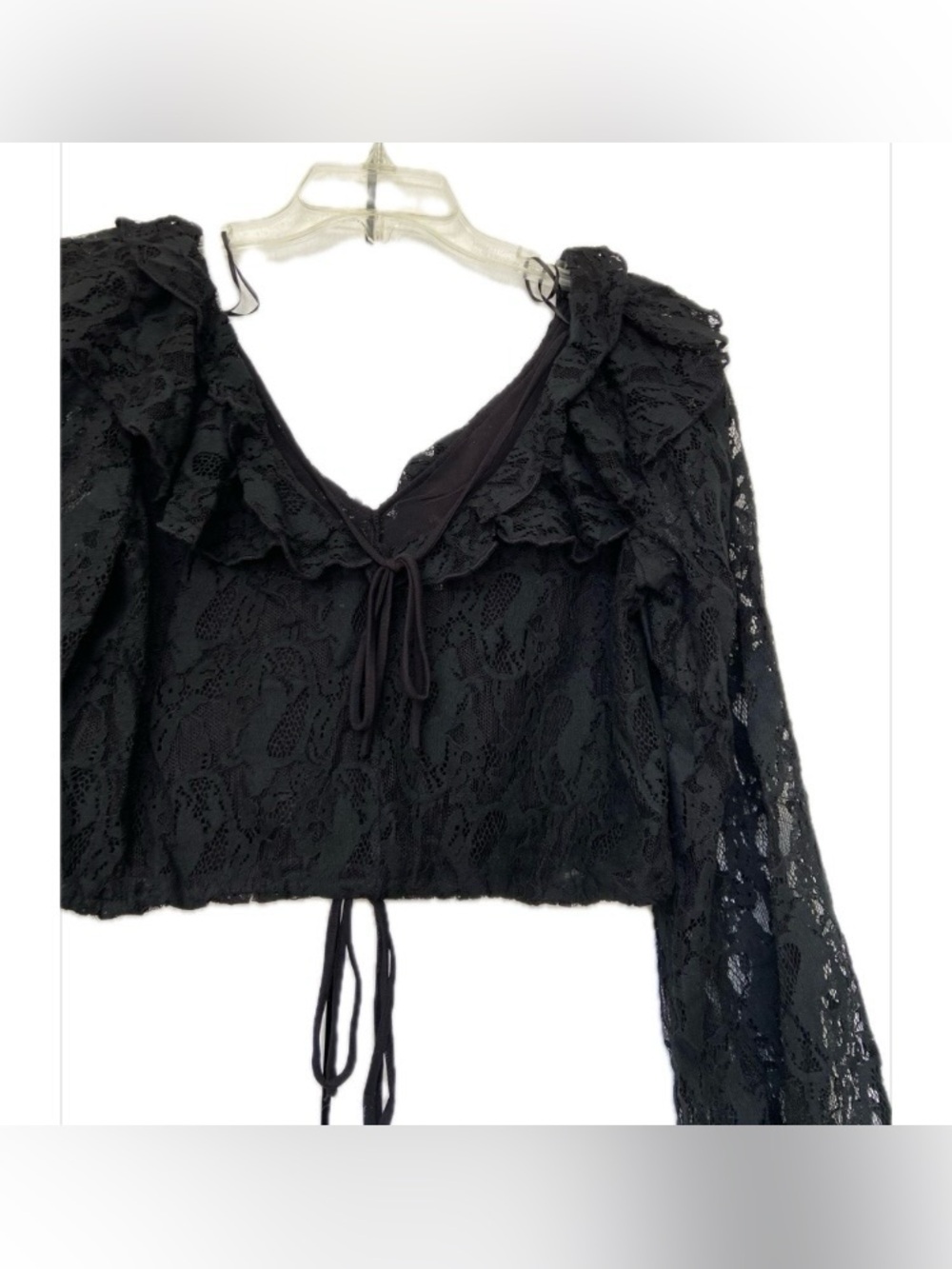 Mustard Seed Black Lace Ruffle Tie-Front Blouse